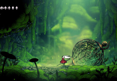 Hornet standing in a lush green mossy cavern in Hollow Knight: Silksong