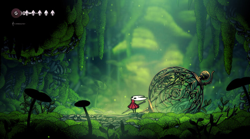 Hornet standing in a lush green mossy cavern in Hollow Knight: Silksong