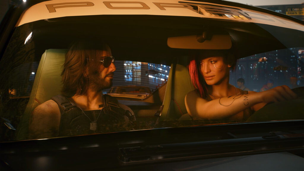 Johnny Silverhand and V sitting in a Porsche in Cyberpunk 2077