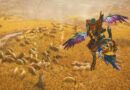 A hunter rides through golden grassland past a herd of armored creatures in Monster Hunter Wilds