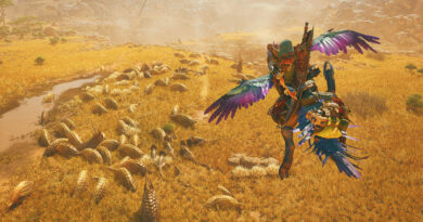 A hunter rides through golden grassland past a herd of armored creatures in Monster Hunter Wilds