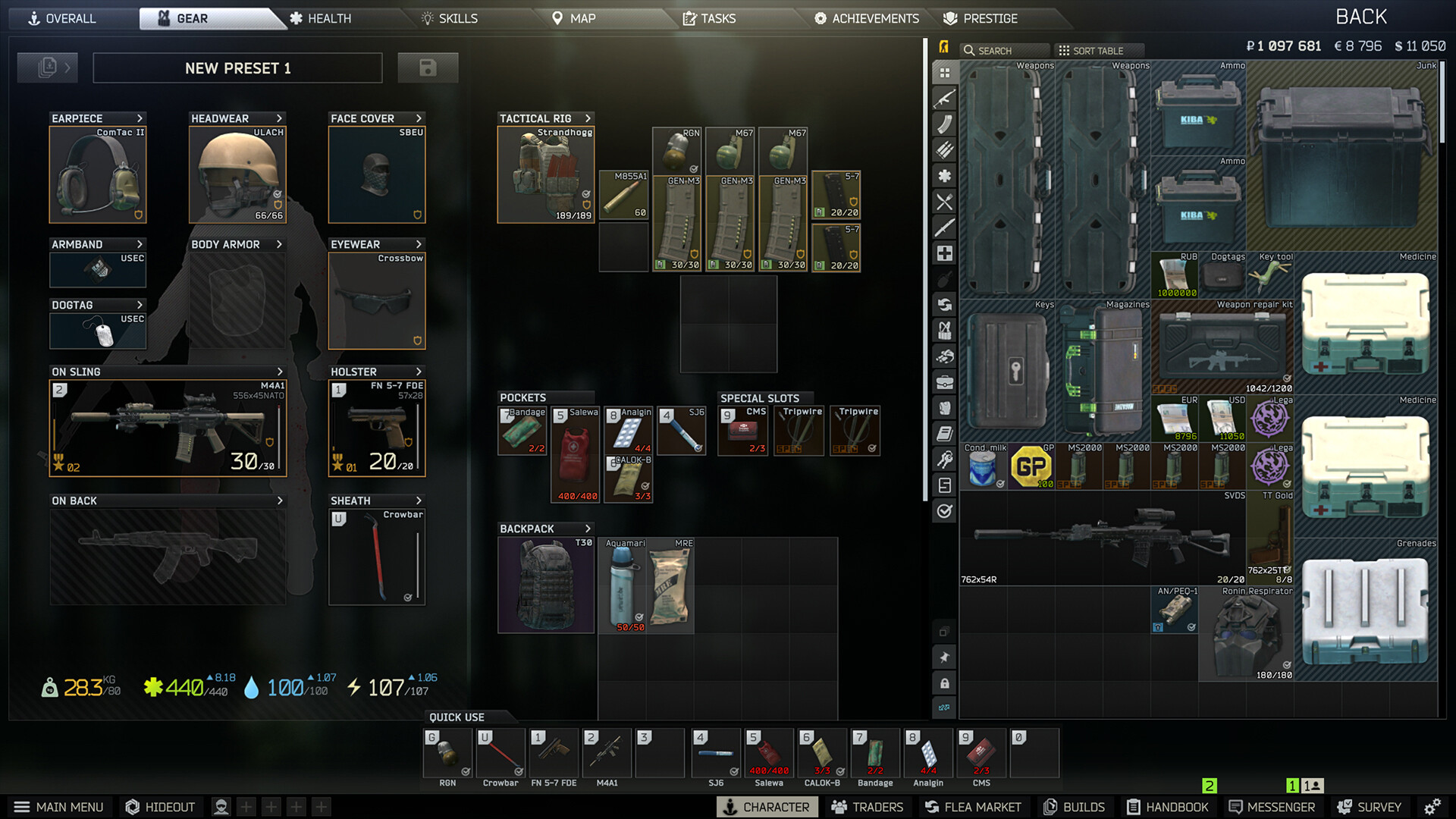 Escape from Tarkov inventory and gear screen with stash and equipment slots, official screenshot from Battlestate Games