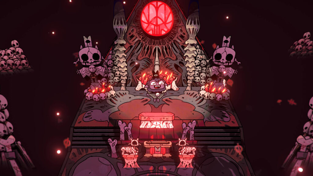 Gameplay screenshot from Cult of the Lamb showing the player's lamb cultist exploring the game's dark fantasy world