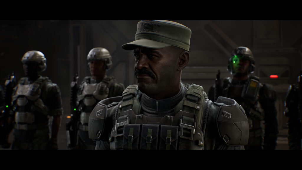 Sergeant Avery Johnson stands with UNSC Marines in Halo: Campaign Evolved