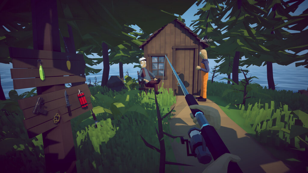 How to Fish player exploring a forest near a wooden hut