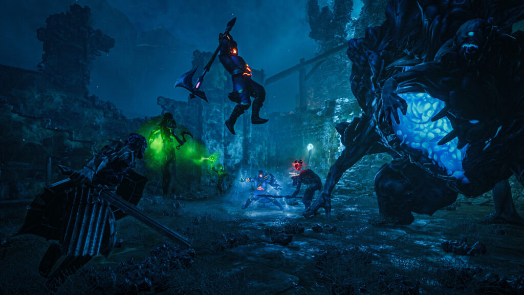 Enshrouded co-op players fighting a giant monster inside the blue Shroud
