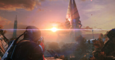 Commander Shepard looking at the Reaper Sovereign on Eden Prime in Mass Effect Legendary Edition