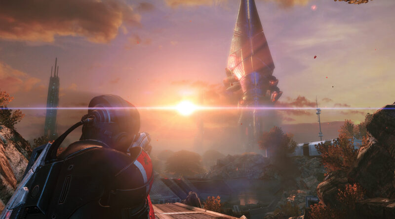 Commander Shepard looking at the Reaper Sovereign on Eden Prime in Mass Effect Legendary Edition