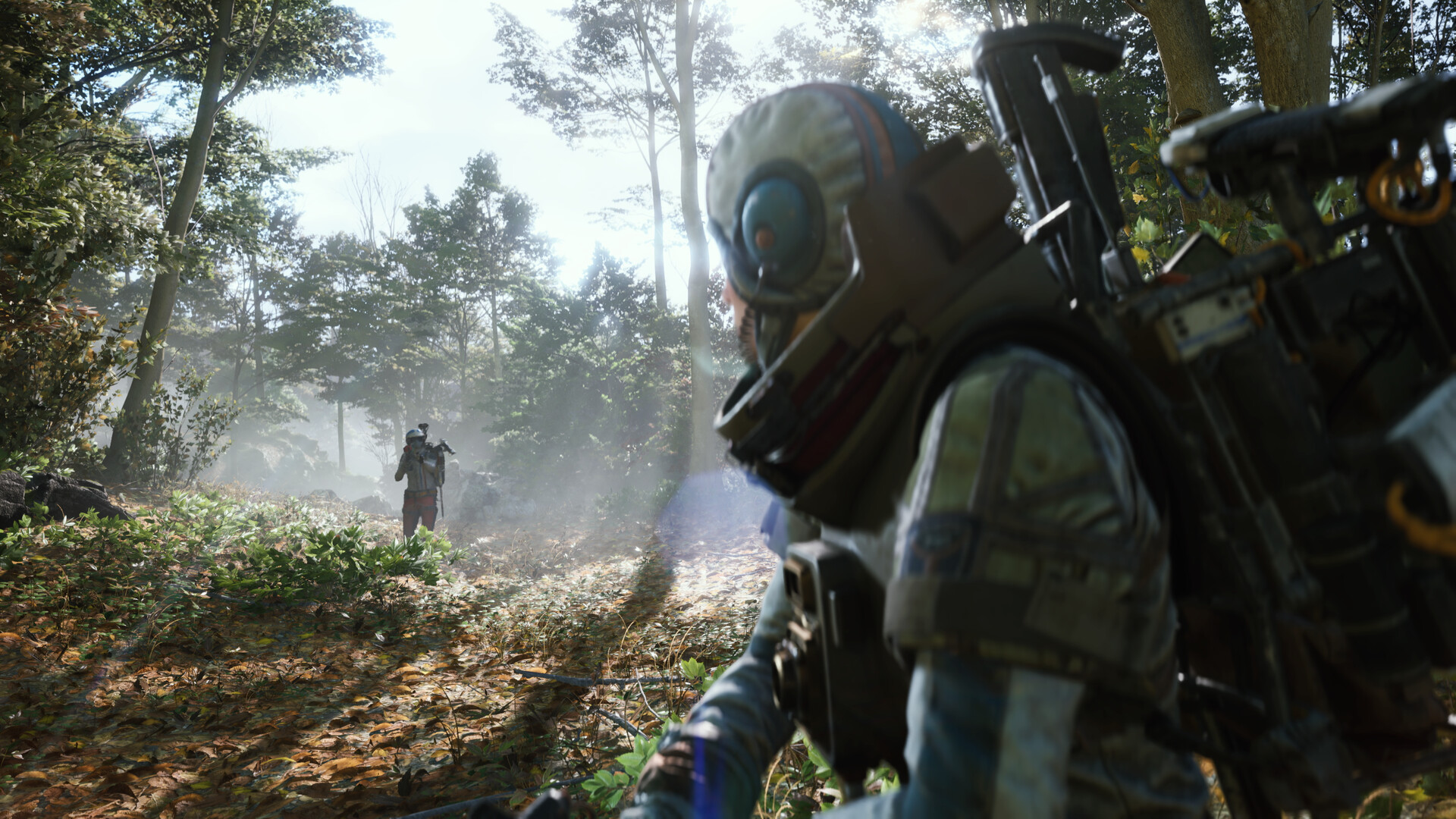 A Raider crouches in a sunlit forest while another figure approaches in the distance in ARC Raiders