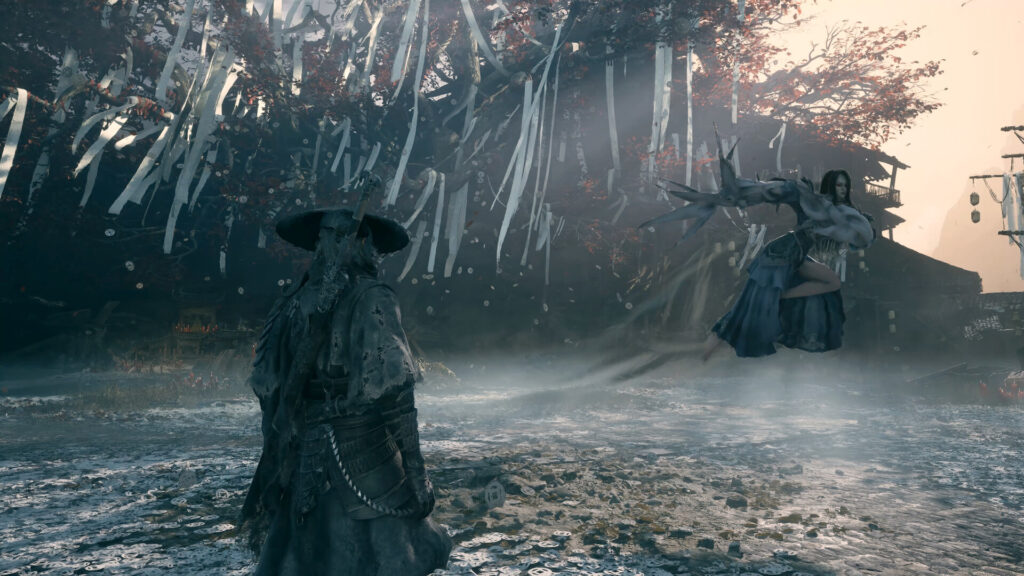 Phantom Blade Zero ray tracing, Soul facing a leaping swordsman in the rain under a blossoming tree