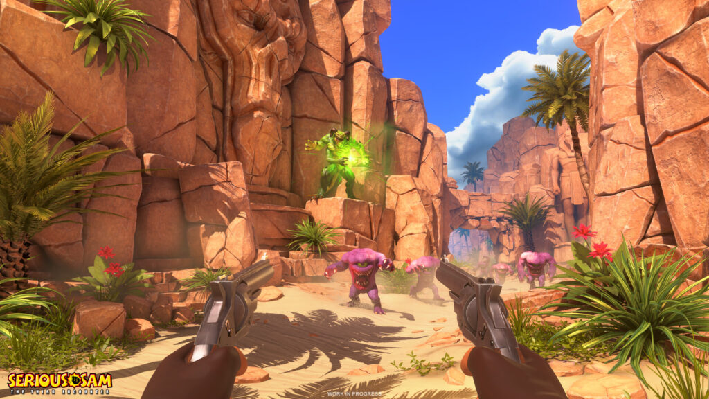 A glowing green enemy among ancient carved desert ruins in Serious Sam: The Third Encounter