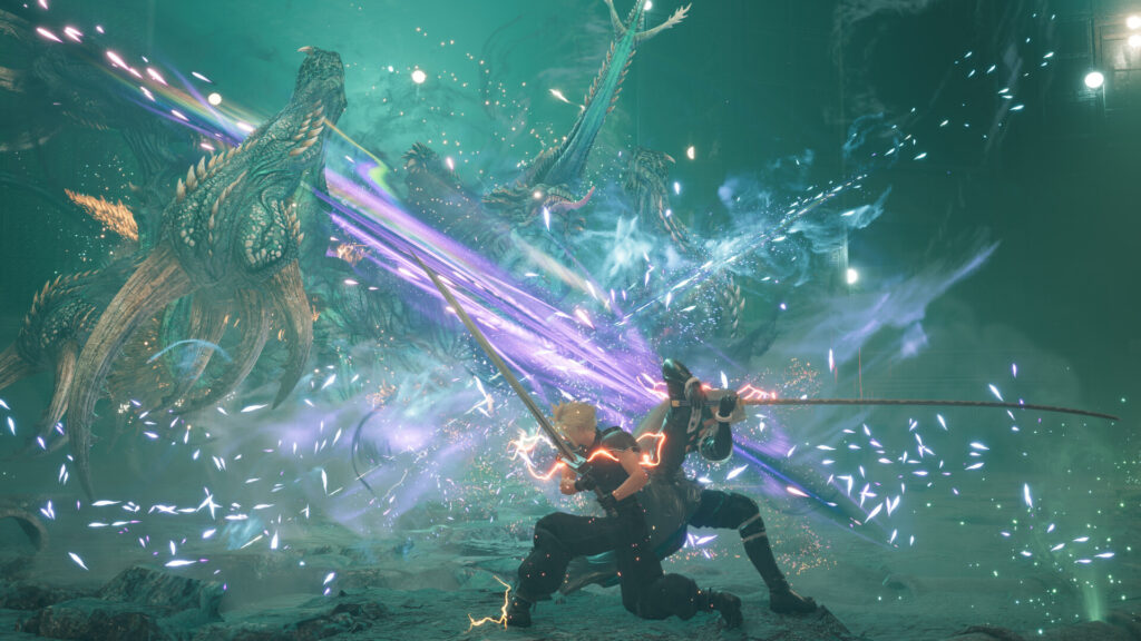 Cloud fighting a giant boss in a glowing green arena in Final Fantasy VII Rebirth