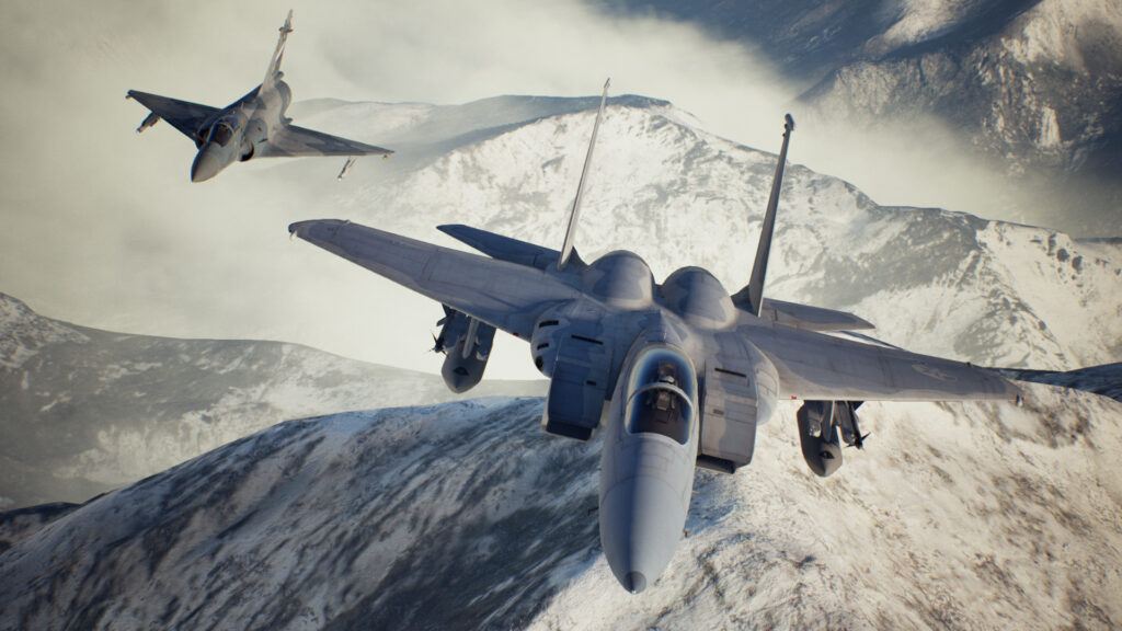 Fighter jets flying over snowy mountains in Ace Combat 7: Skies Unknown