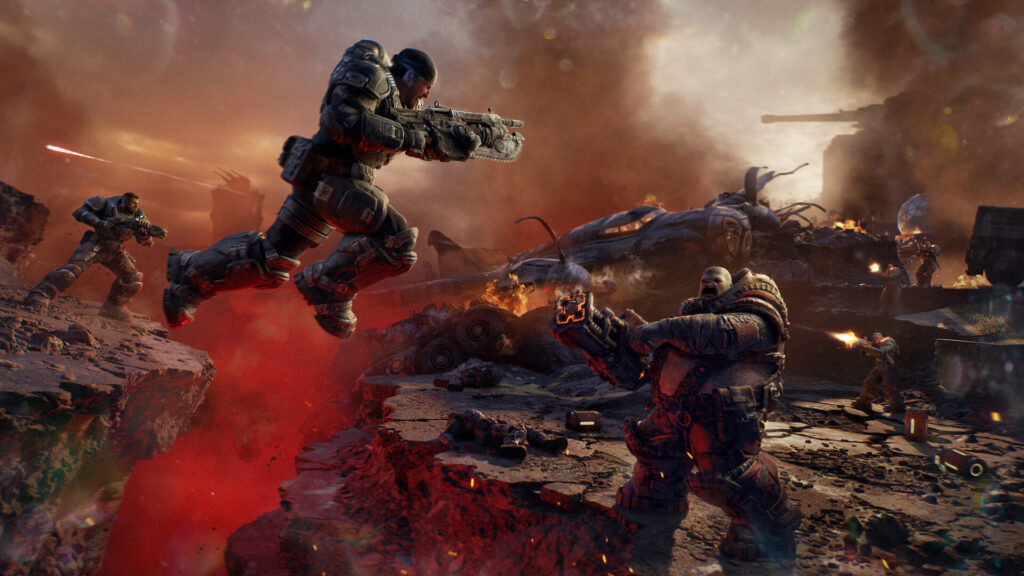 Gears of War E-Day Xbox Series X performance mode, a Gear leaping across a battlefield under a red sky