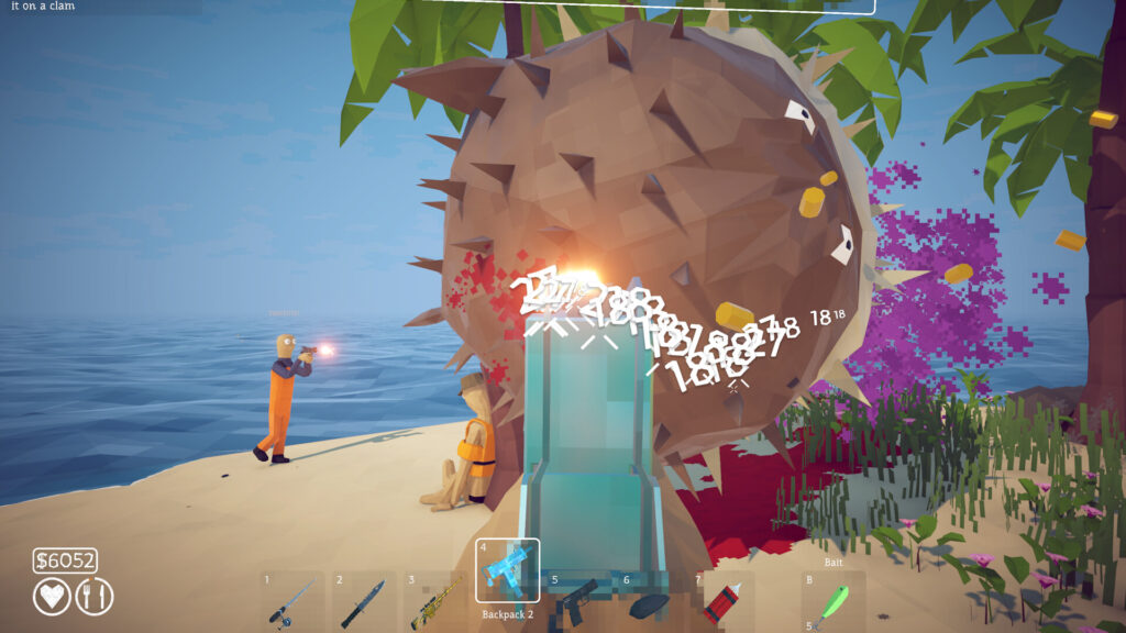 How to Fish player facing a huge spiky creature on the beach