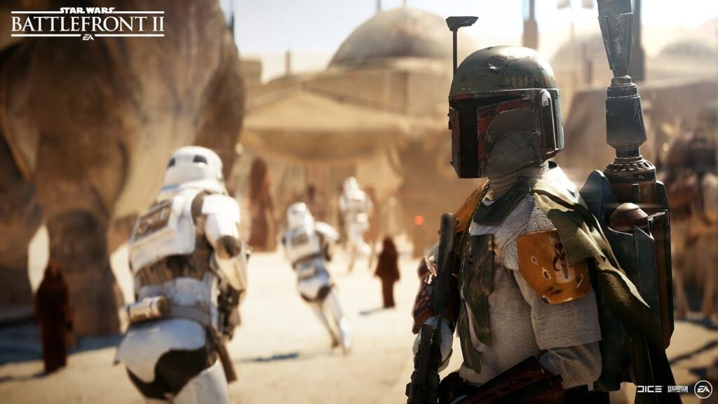 Clone troopers and a vehicle on a battlefield in Star Wars Battlefront II