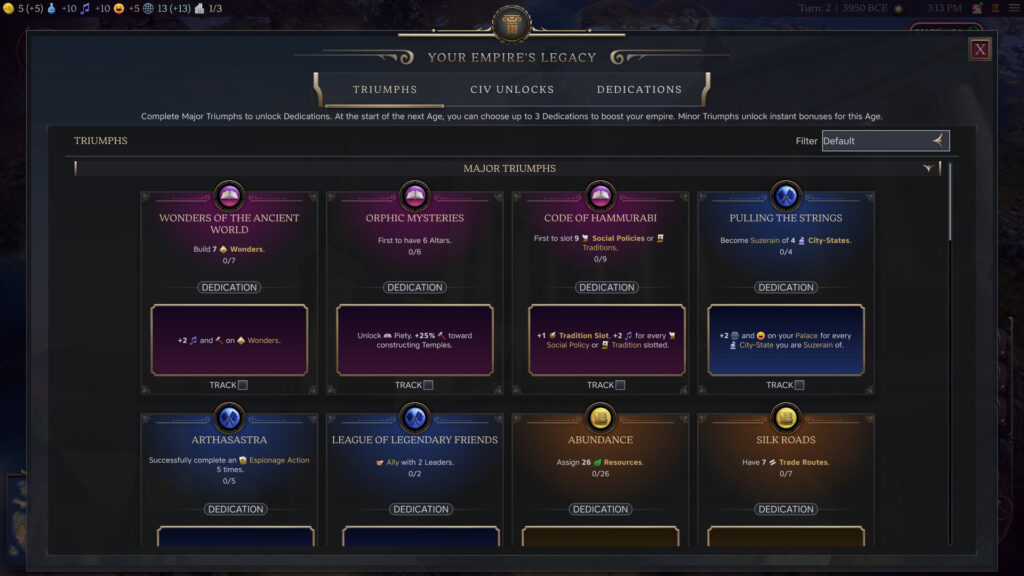 The Civilization VII Triumphs screen showing Major Triumphs and Dedications introduced in the Test of Time update