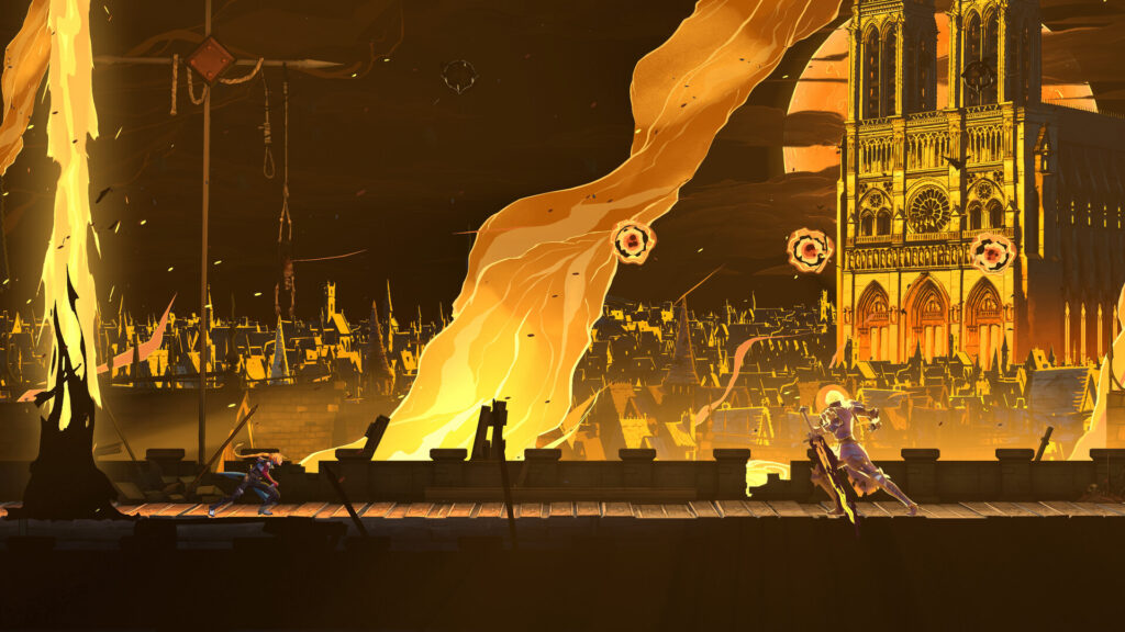Rose Belmont crossing the burning streets of Paris in Castlevania: Belmont's Curse