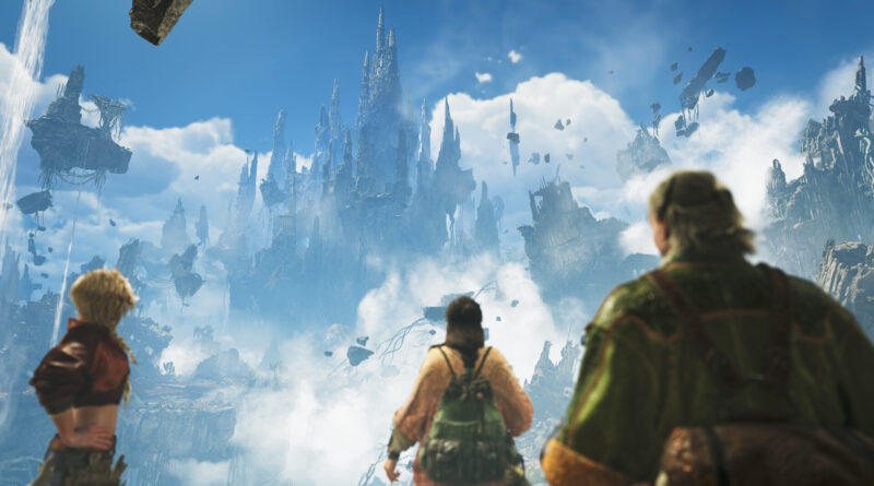 The Expedition Team looks out at the floating ruins of the Skybound Eyrie in Monster Hunter Wilds: Ascendance