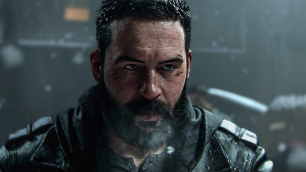 Modern Warfare 4 controller and FOV settings, close-up of a bearded soldier in a dark room