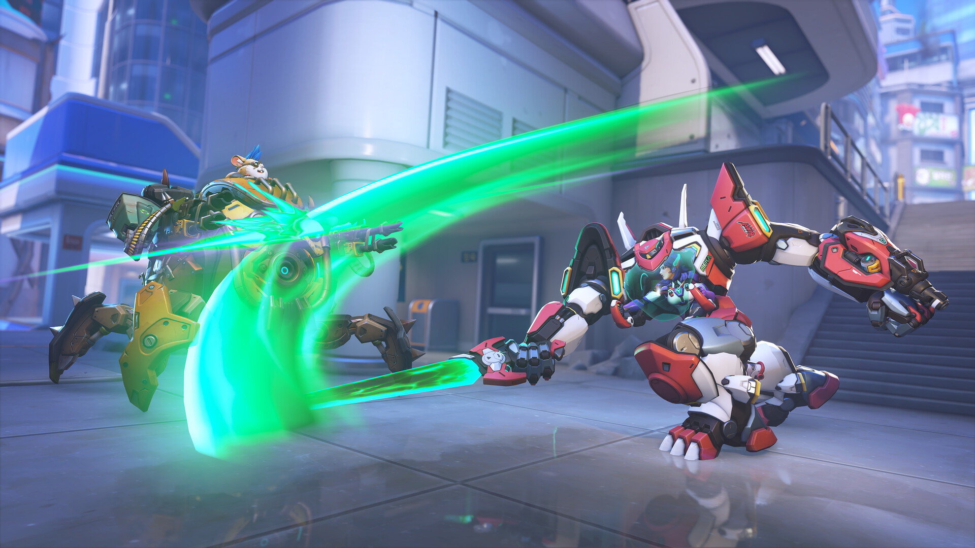 Overwatch heroes trading abilities during a team fight on an urban map