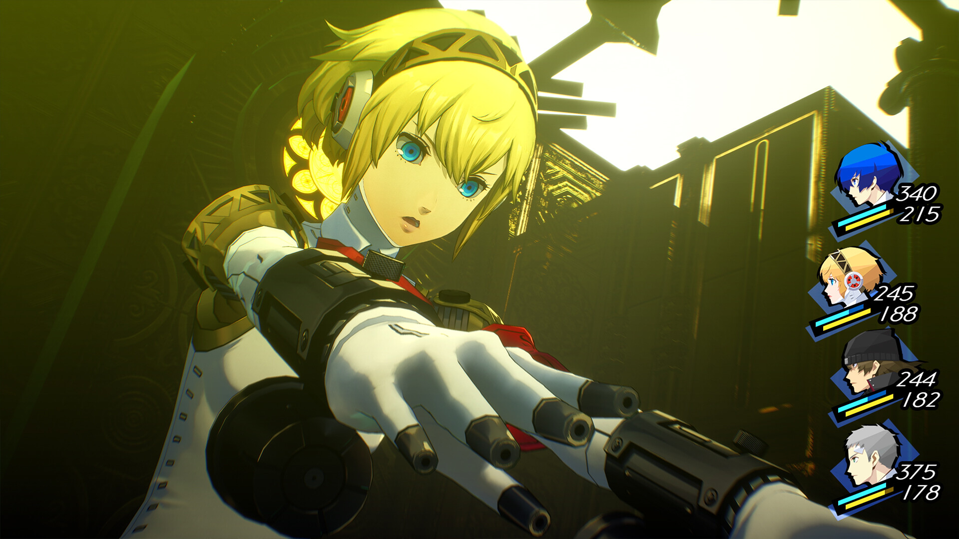 Aigis aiming her weapon during a battle in Persona 3 Reload