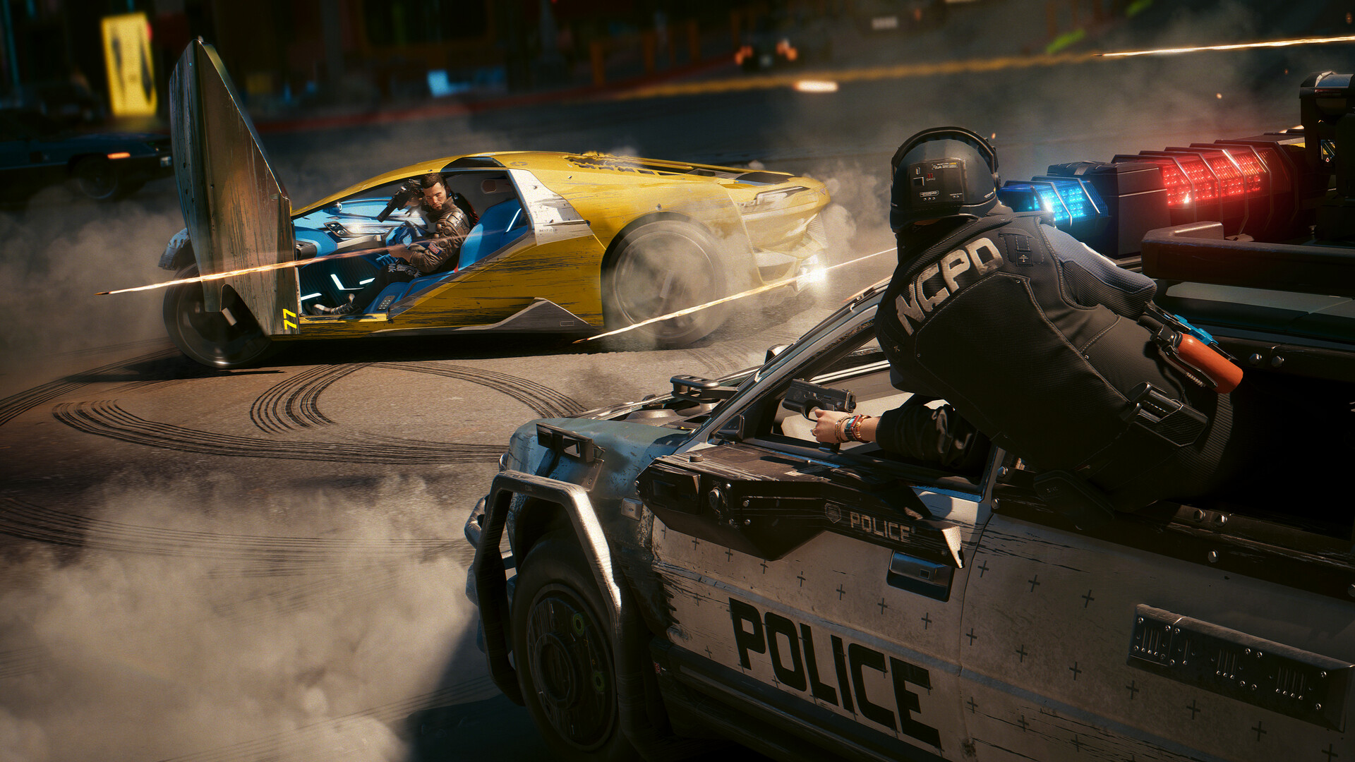A police chase through the streets of Night City in Cyberpunk 2077