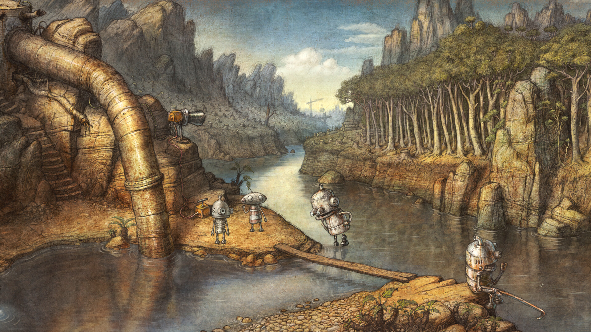 Official screenshot from Machinarium 2 showing the hand-drawn robot world