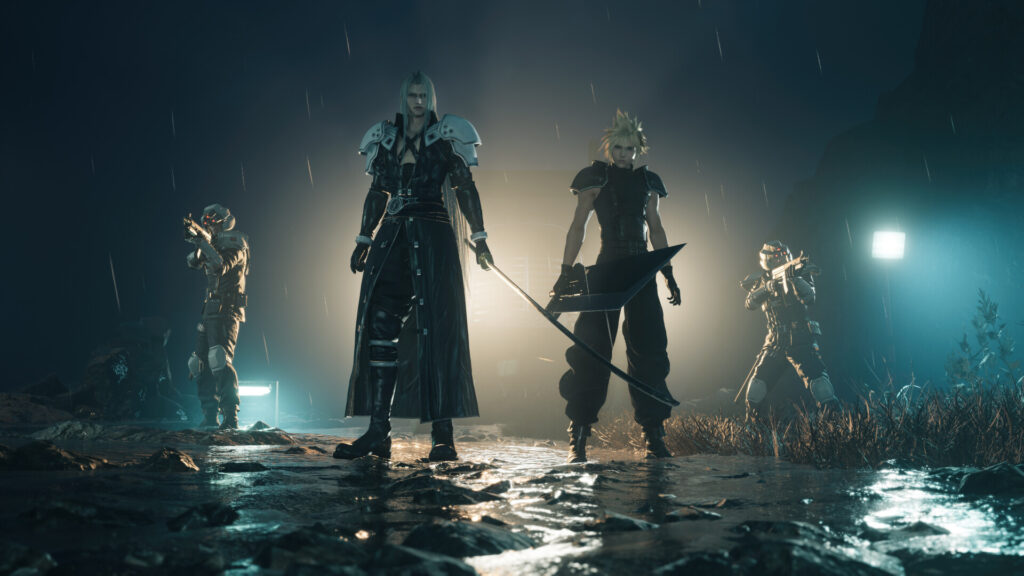 Sephiroth and Cloud standing side by side in the rain in Final Fantasy VII Rebirth