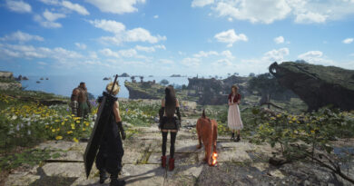 Cloud, Tifa, Barret, Red XIII and Aerith looking out over the grasslands in Final Fantasy VII Rebirth