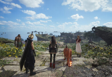 Cloud, Tifa, Barret, Red XIII and Aerith looking out over the grasslands in Final Fantasy VII Rebirth