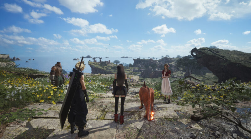 Cloud, Tifa, Barret, Red XIII and Aerith looking out over the grasslands in Final Fantasy VII Rebirth
