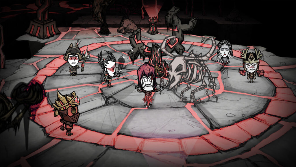 Group of Don't Starve Together survivors gathered around a giant skeleton on a glowing stone floor