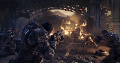 Gears of War E-Day best settings, Gears fighting through a burning street under a bridge