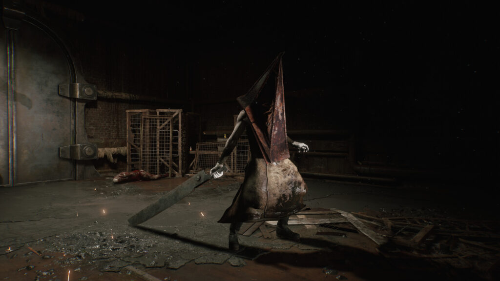Pyramid Head dragging his Great Knife through a dark corridor in the Silent Hill 2 remake
