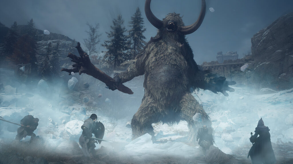 An Arisen and pawns fight a giant horned beast in the snow of Norgan in Dragon's Dogma 2