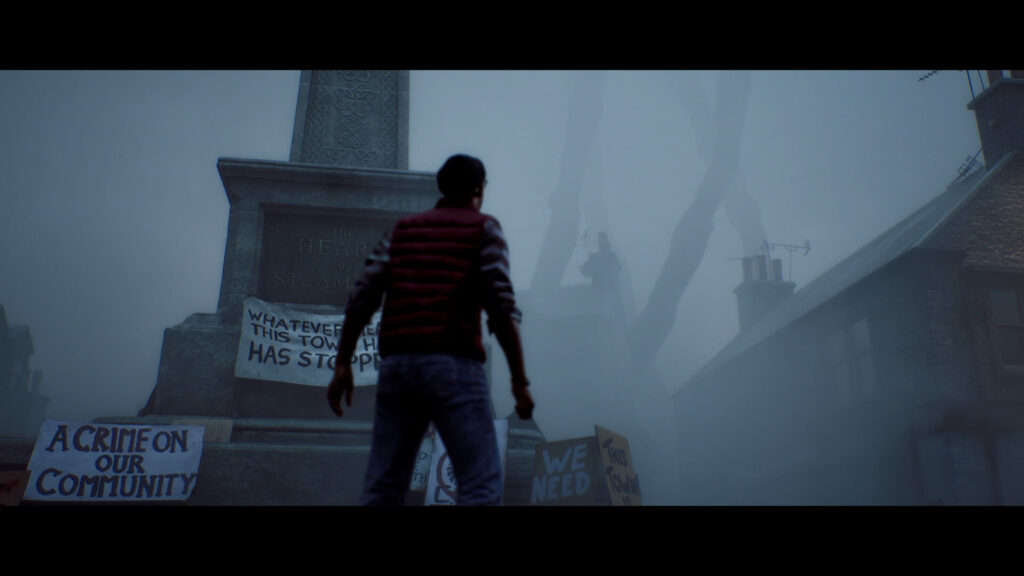 Simon Ordell standing in front of a monument in the foggy town of St. Amelia in Silent Hill Townfall