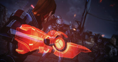 Shepard wielding an Omni-Blade in combat against husks in Mass Effect Legendary Edition
