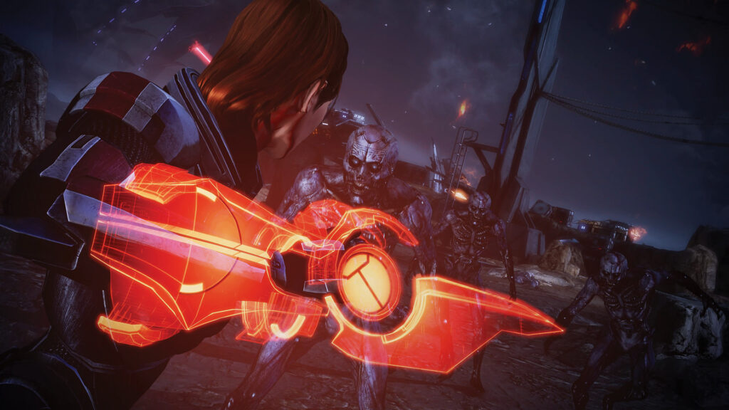 A combat scene in Mass Effect Legendary Edition against armored enemies