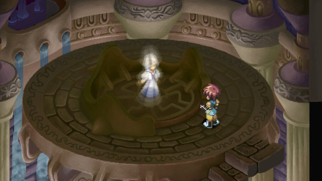 Reid standing before a glowing figure in a shrine in Tales of Eternia Remastered