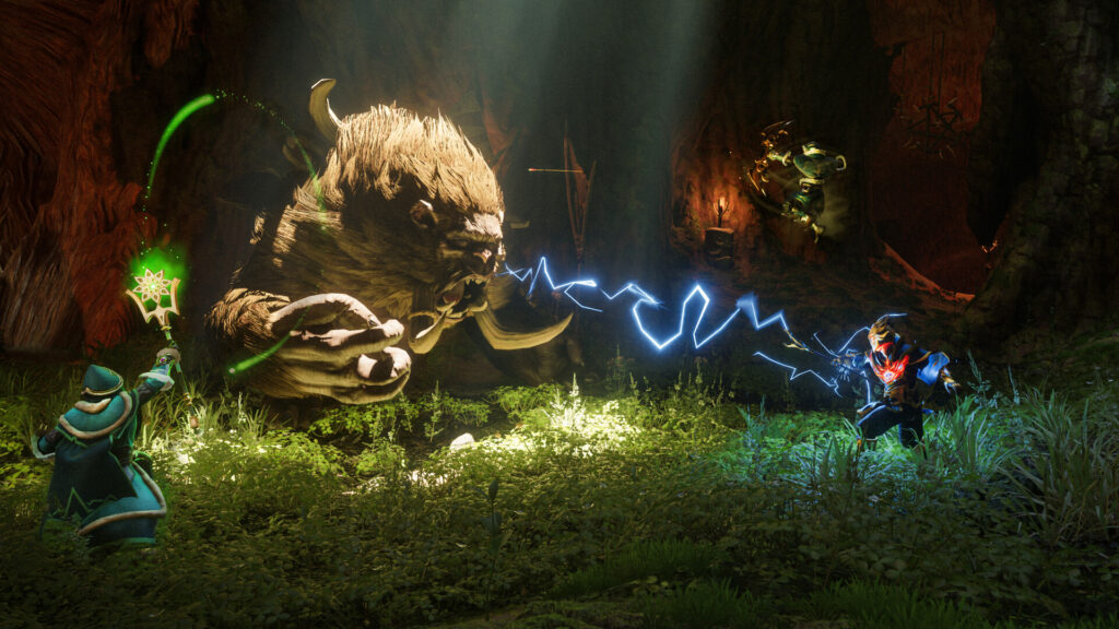 Enshrouded mages casting lightning and nature spells at a large forest creature