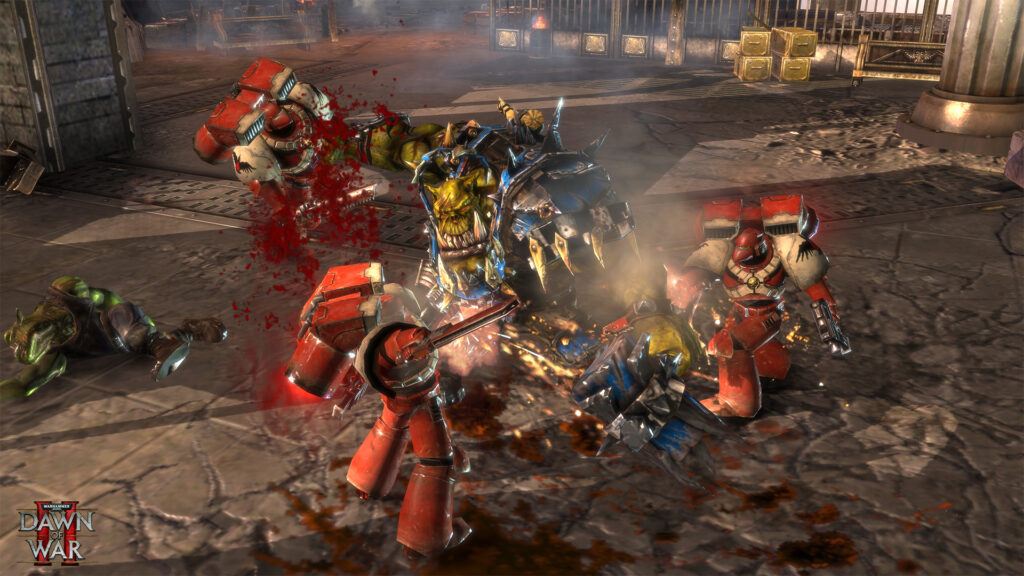 Blood Ravens Space Marines fighting an Ork in Warhammer 40,000: Dawn of War II