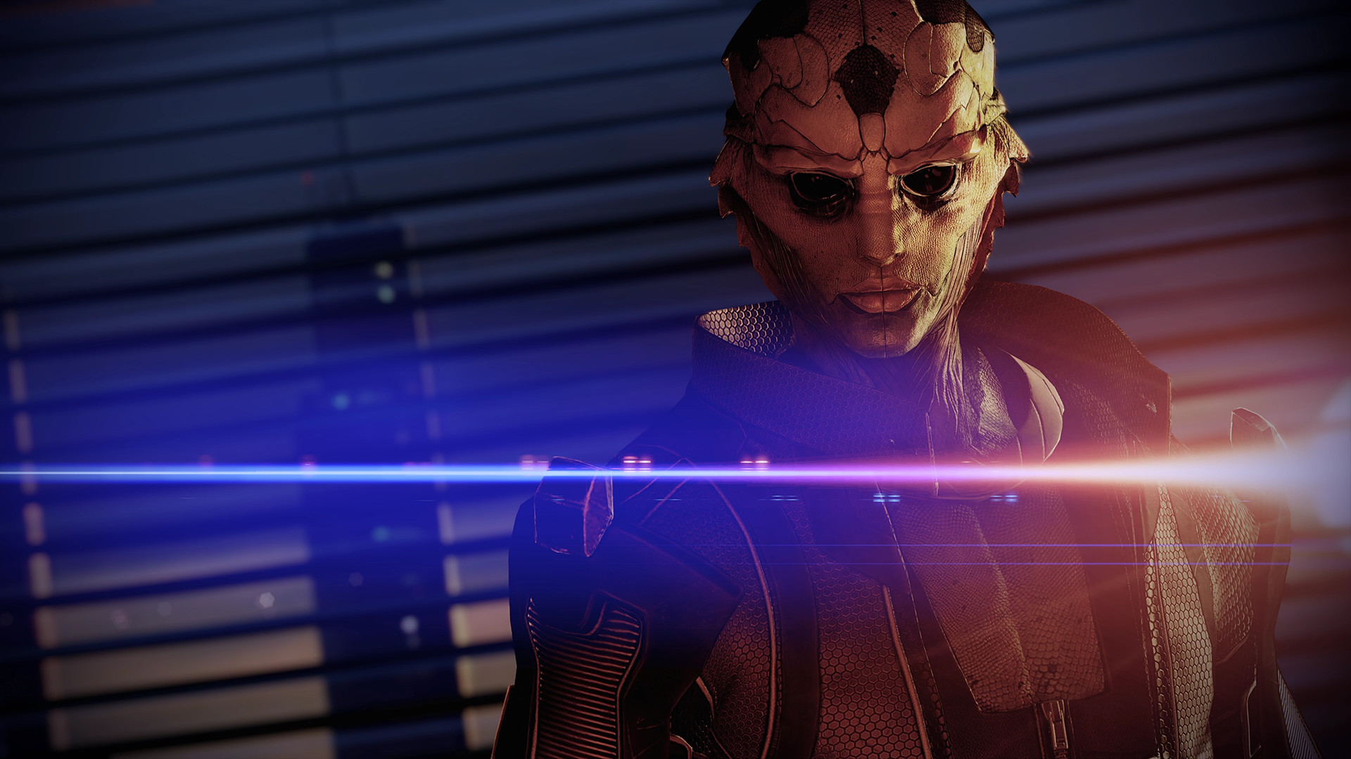 Thane Krios illuminated by colored light in Mass Effect Legendary Edition