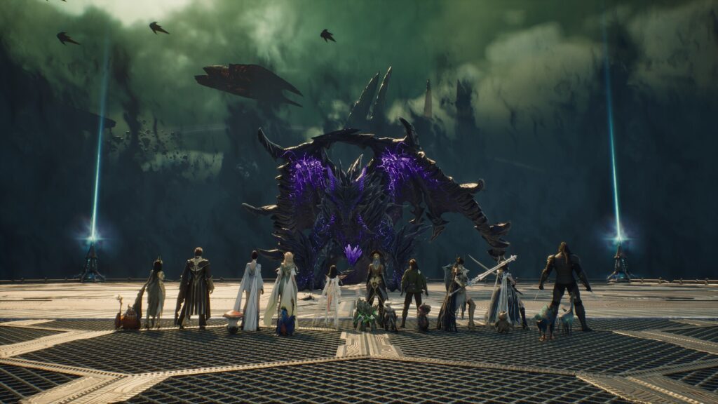 AION 2 party of Daevas facing a giant boss in a dungeon