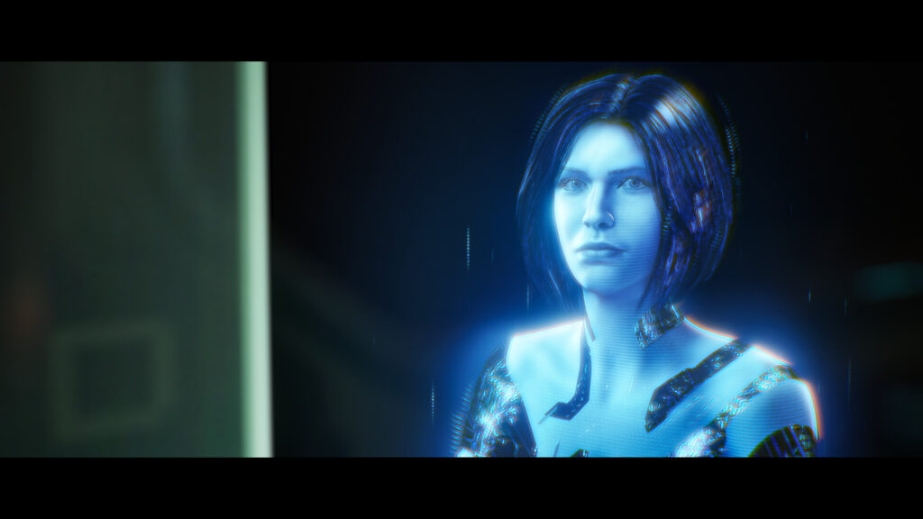 The AI Cortana appears as a blue hologram in Halo: Campaign Evolved