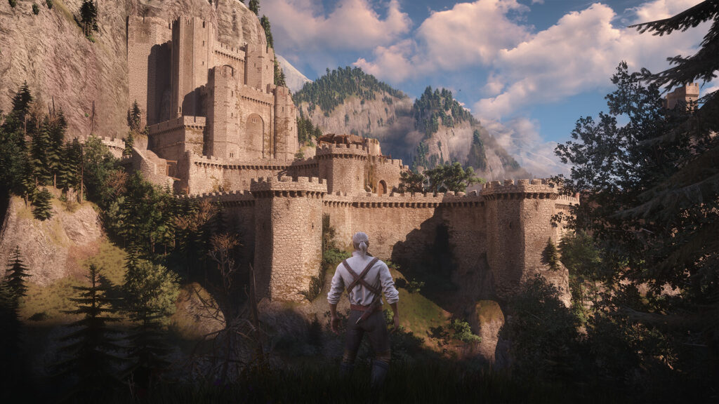 Geralt approaches a mountain fortress in The Witcher 3 Wild Hunt Remastered