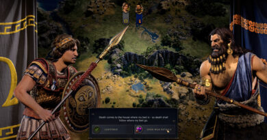 Two Civilization VII leaders facing off during a diplomatic war declaration