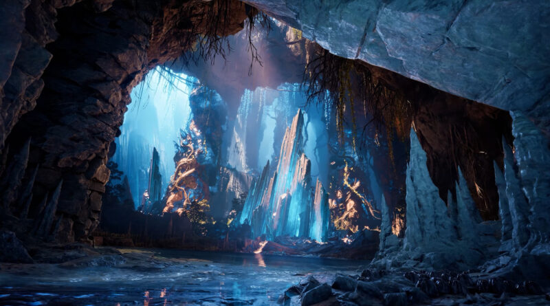 A glowing blue crystal cave in AION 2