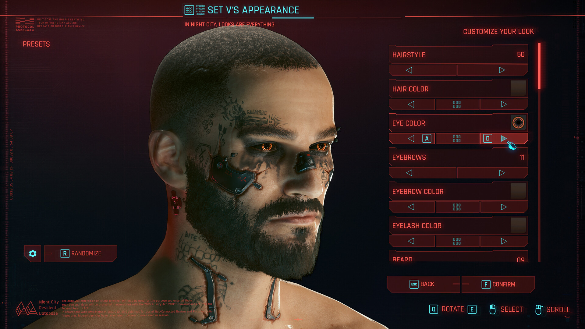 The Cyberpunk 2077 character creator showing a customizable V