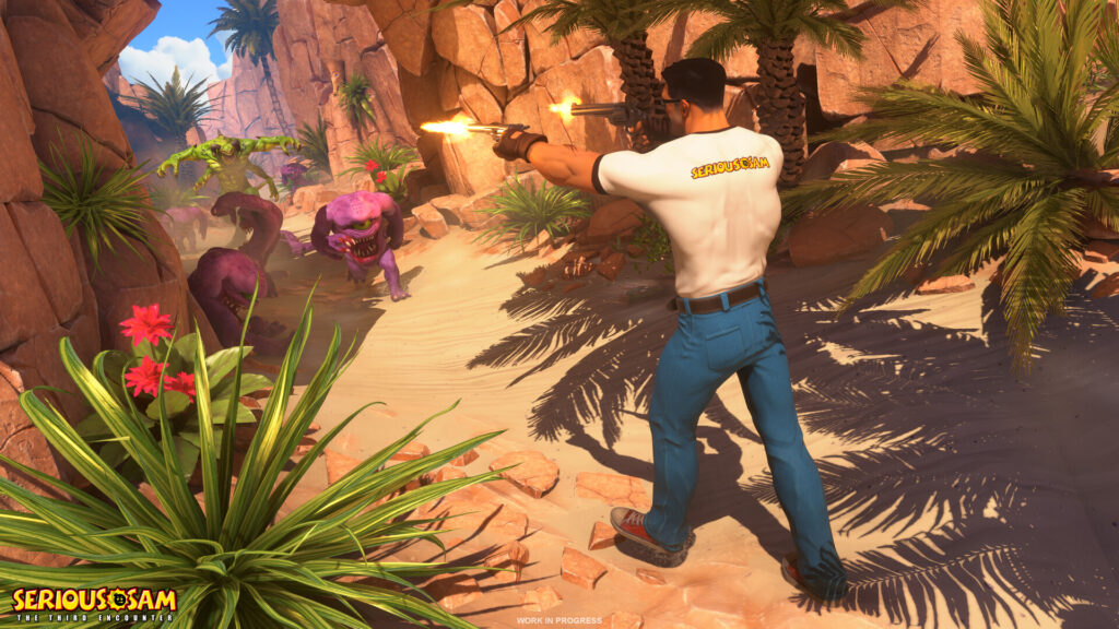 Sam Stone firing dual pistols at purple horned enemies in an oasis canyon in Serious Sam: The Third Encounter